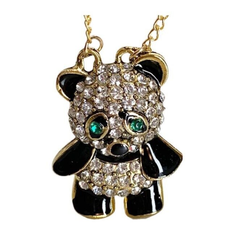 PANDA BEAR Pendant Necklace NEW Black White Rhinestone Green Eyes Gold Chain NWT - Picture 2 of 7